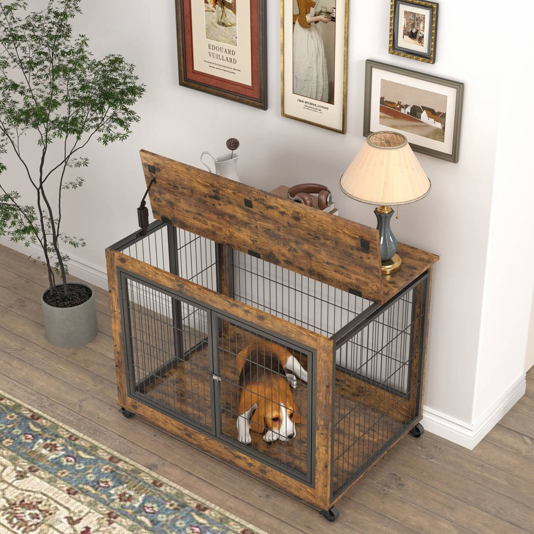 Furniture Dog Cage Crate With Double Doors Rustic Brown