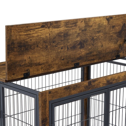 Furniture Style Dog Crate Side Table On Wheels With Double Doors And Lift Top. Rustic Brown, 31.50'' W X 22.05'' D X 25'' H.