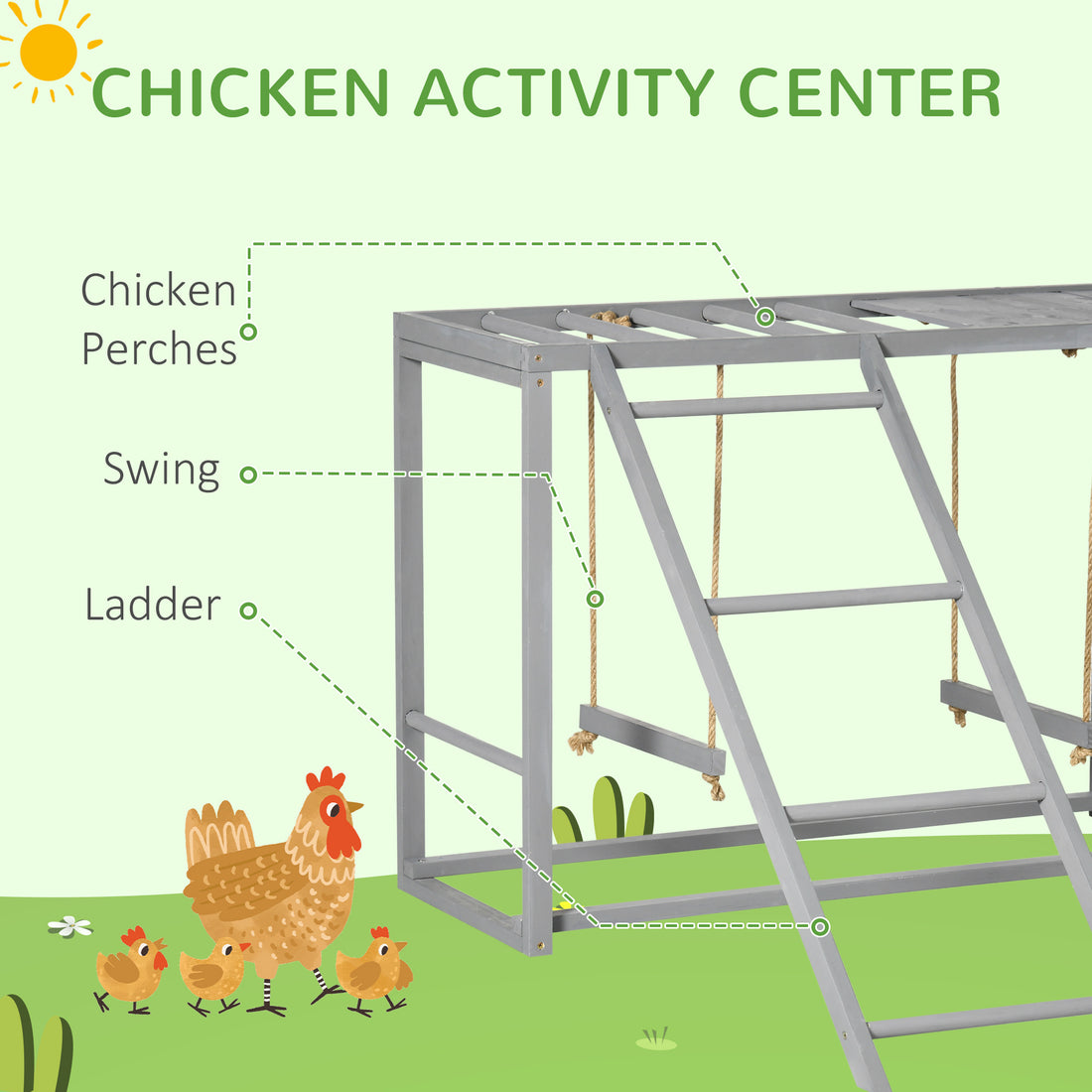 Chicken Activity Game With Swing Set For 3-4 Birds, Wooden Chicken Coop Accessory With Multiple Chicken Perches And Hen Ladder Grey