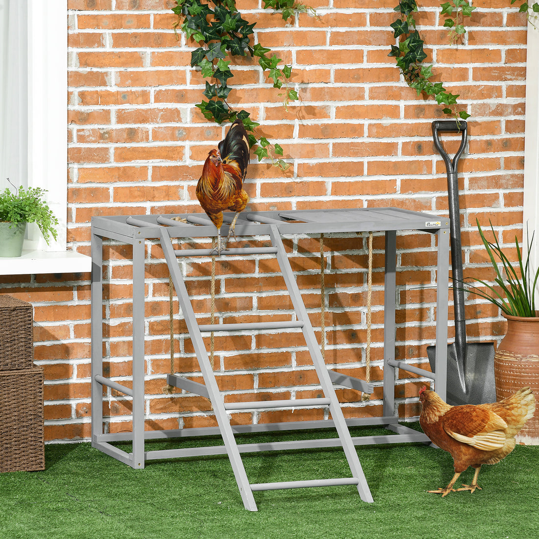 Chicken Activity Game With Swing Set For 3-4 Birds, Wooden Chicken Coop Accessory With Multiple Chicken Perches And Hen Ladder Grey