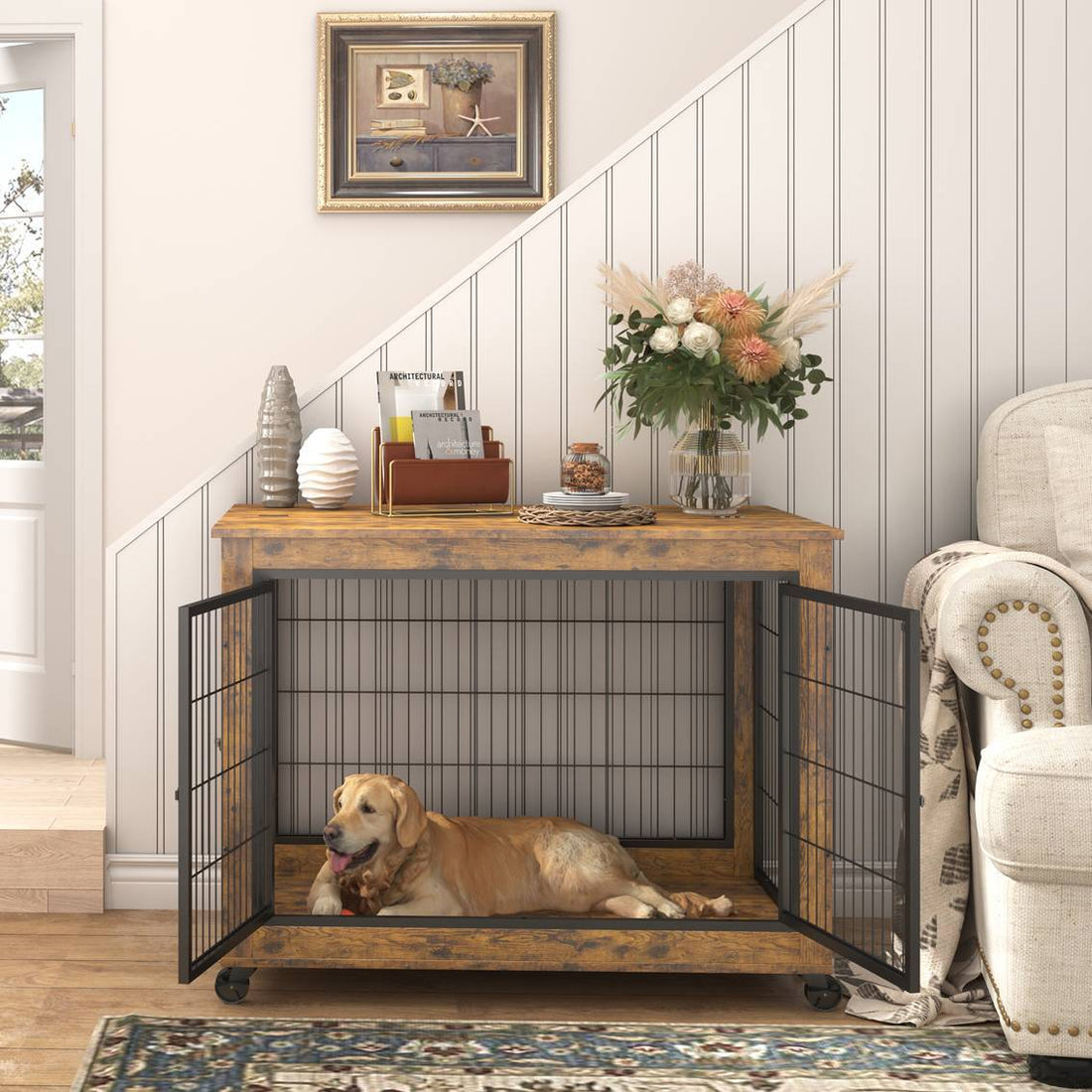 Furniture Dog Cage Crate With Double Doors Rustic Brown