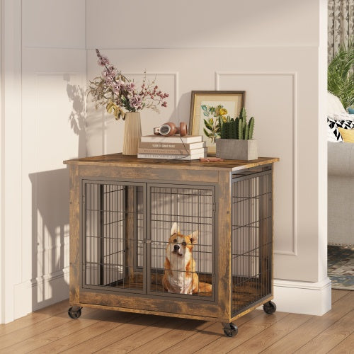 Furniture Style Dog Crate Side Table On Wheels With Double Doors And Lift Top. Rustic Brown, 31.50'' W X 22.05'' D X 25'' H.