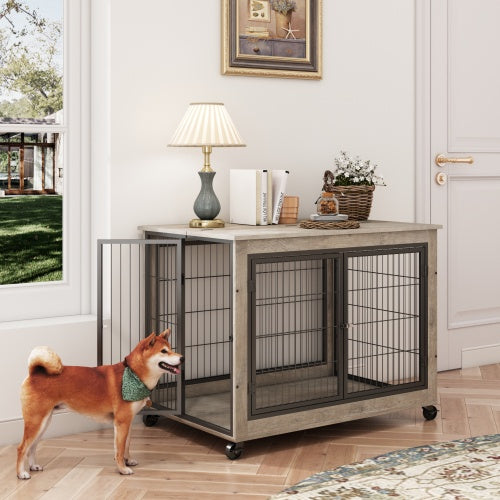 Furniture Style Dog Cage Side Table With Wheels With Double Doors And A Raised Top. Grey